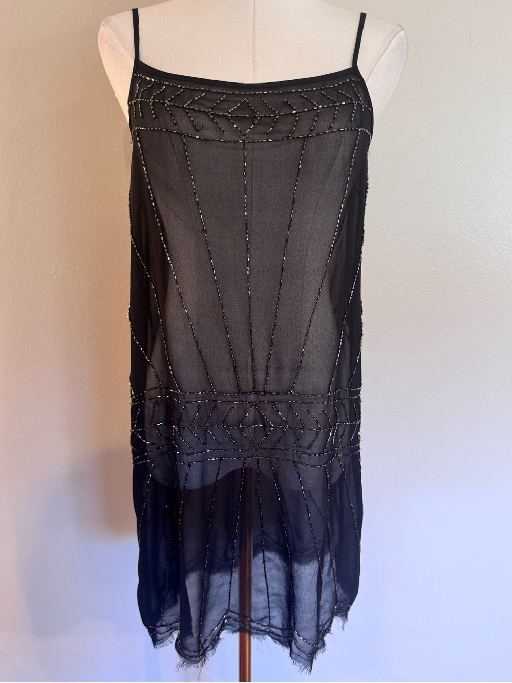 Free People XS Black Beaded Sheer Chiffon Mini Dress Tunic Boho
